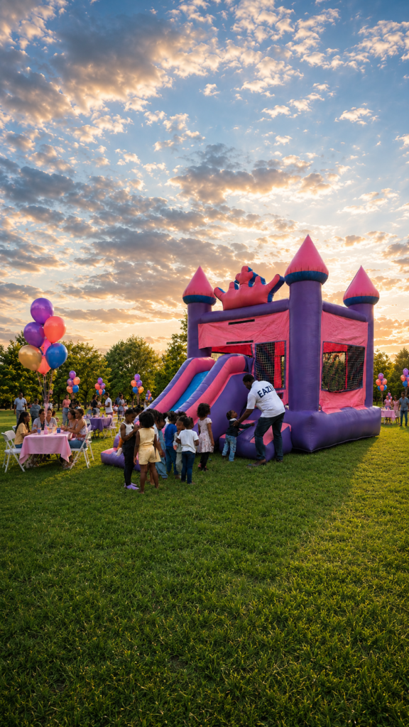 A family celebrating beside an Eazi Party inflatable