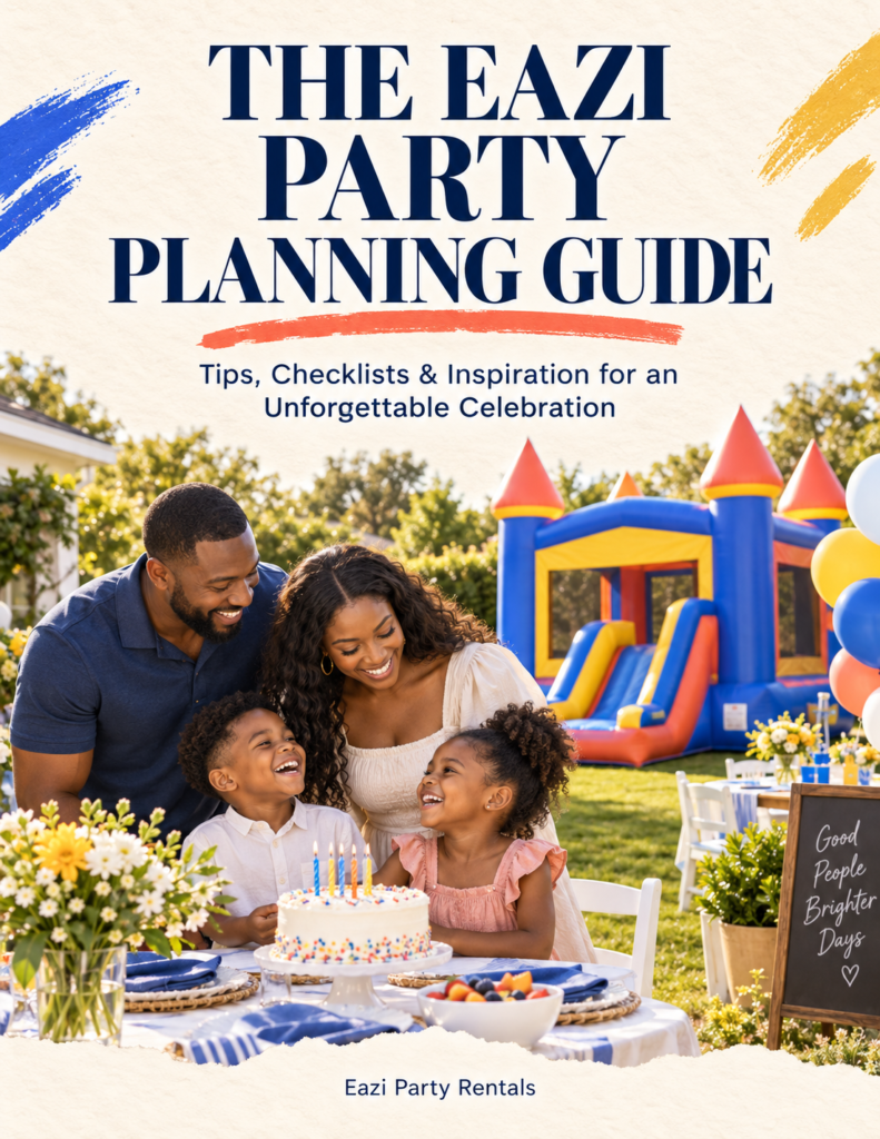 Cover of The Eazi Party Planning Guide featuring a family celebration and colorful inflatable